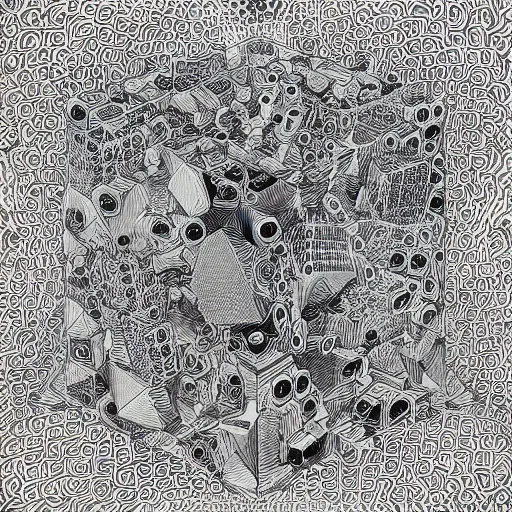 Image similar to “geometrically incomprehensible surreal order of big cubes, extremely high detail, photorealistic, intricate line drawings, dotart, album art in the style of James Jean”