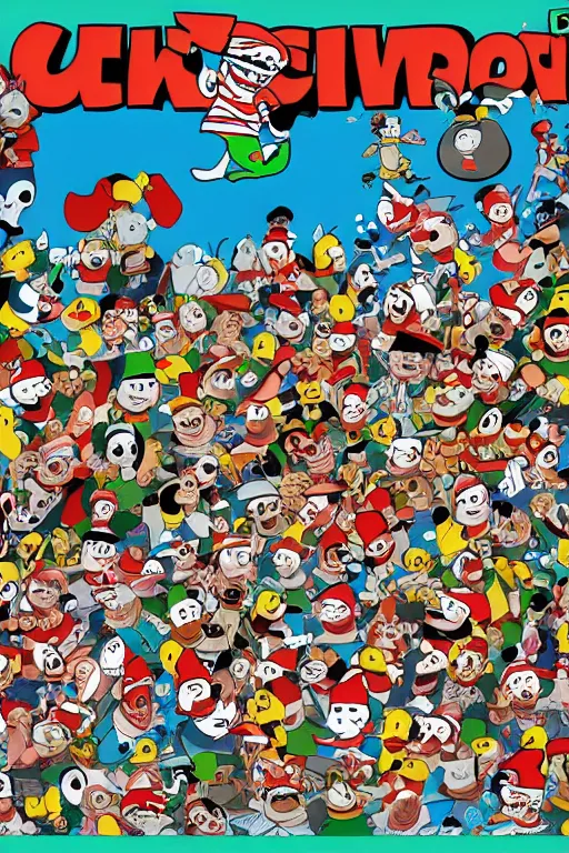 Image similar to full frontal page, finding waldo but he is a duck, highly detailed, 8k