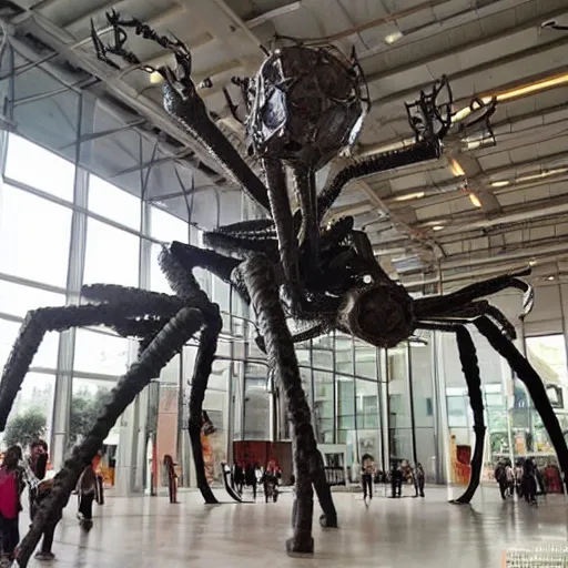 Prompt: a giant spiderlike sculpture built from various scrap metal and industrial machine parts, it is standing inside og a huge museum hall