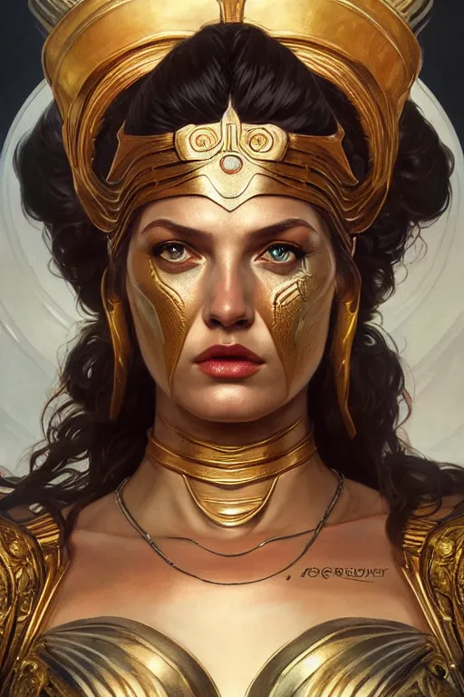 Image similar to The Godess Hera looking angry, detailed armor, portrait, highly detailed, digital painting, artstation, concept art, smooth, sharp focus, beautiful face, symmetric face, cinematic, videogame cover art, illustration, pixel art by Artgerm and Greg Rutkowski and Alphonse Mucha