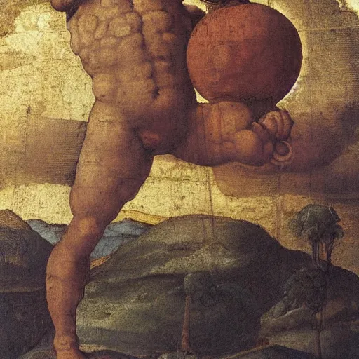 Image similar to a painting of atlas carrying the earth on its shoulders by Leonardo da vinci