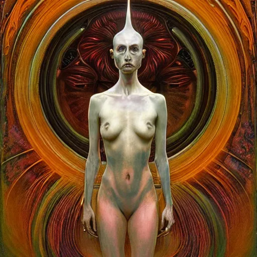 Image similar to alien high priestess by zdzisław beksinski, iris van herpen, raymond swanland and alphonse mucha. highly detailed, hyper - real, beautiful