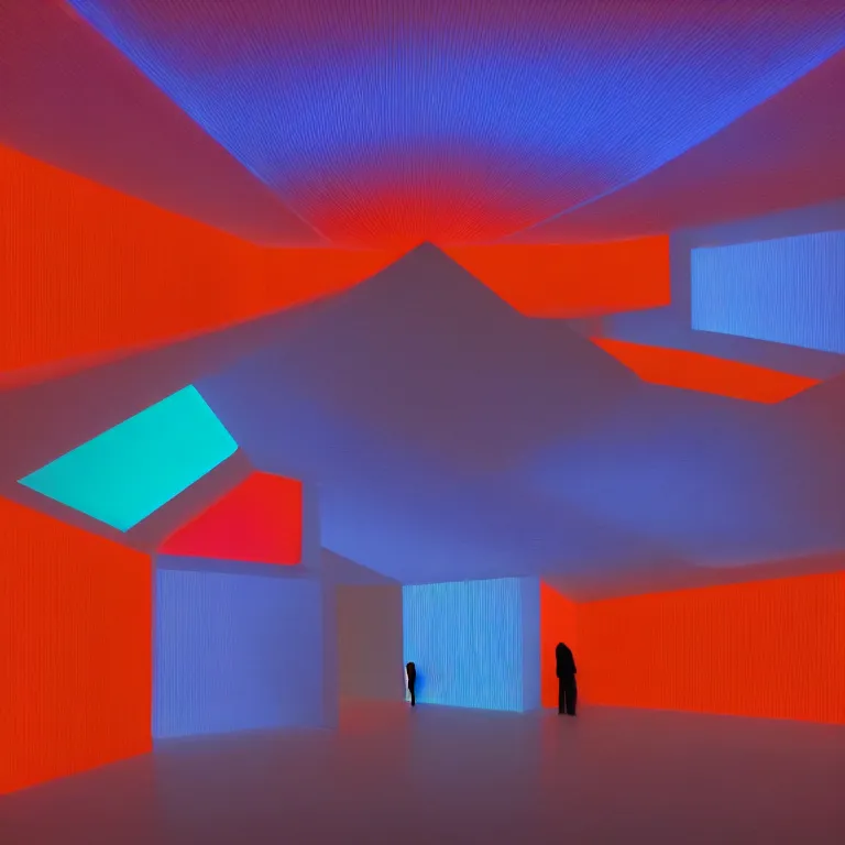 Image similar to conceptual artist performance of'blue and orange'gradient pattern colors light projection onto a few giant human eye models in a cramped art gallery by james turrell, high contrast hyperrealism trending on arstation 8 k