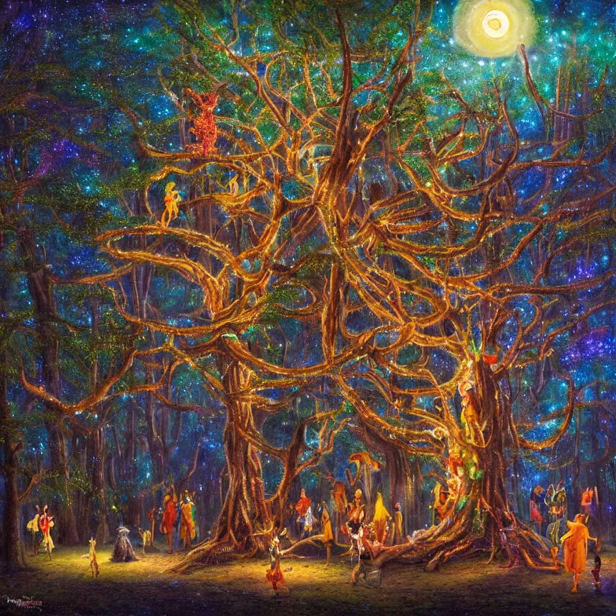 Image similar to a night carnival around a magical tree cavity, with a surreal orange moonlight and fireworks in the background, next to a lake with iridiscent water, christmas lights, folklore animals and people disguised as fantastic creatures in a magical forest by summer night, masterpiece painted bypeter christian skovgaard, dark night environment