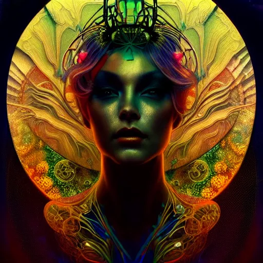 Prompt: extremely psychedelic beautiful cyborg viral queen infected by night. intricate, elegant, highly detailed, extremely lifelike photorealistic digital painting, artstation. steichen, gaston bussiere, tom bagshaw, brutalist cyberpunk alphonse mucha. elegant minimalism. anatomically correct. sharp focus. gold, black accents. surreal lush cosmic hallucination