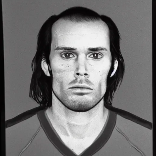 Prompt: A mugshot portrait of a man who looks like Jerma985 with short length wavy hair and a slightly receded hairline, wearing mid 1980s menswear in the late 1980s, taken in the late 1980s, grainy, realistic, hyperrealistic, very realistic, highly detailed, very detailed, extremely detailed, detailed, trending on artstation, front facing, front view, headshot and bodyshot, detailed face, very detailed face