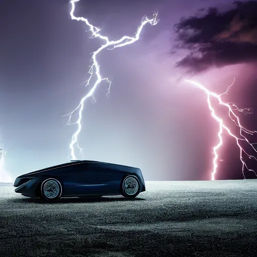 Image similar to futuristic flying car emerging from a circle of lightning in the sky, thunderstorm at night, 28mm dramatic photo