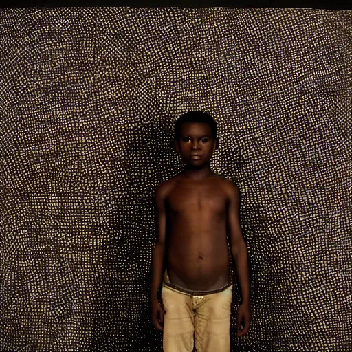 Image similar to a portrait a boy standing in front of a wax print fabric by sanele muholi and william kentridge and kara walker,