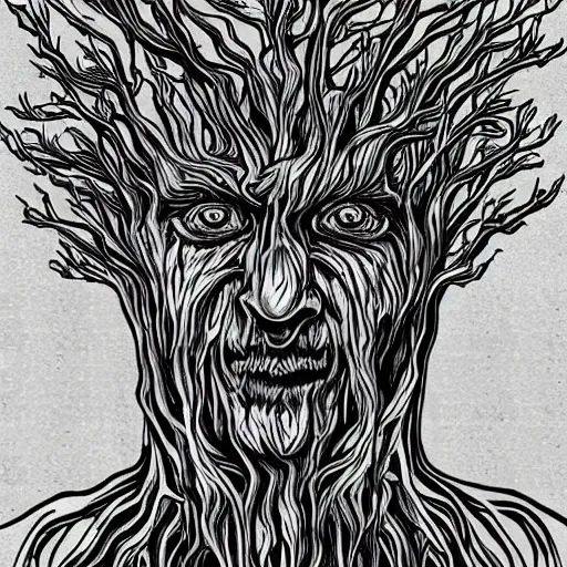 Prompt: old man morphing into a tree, scary, horror, intricate details