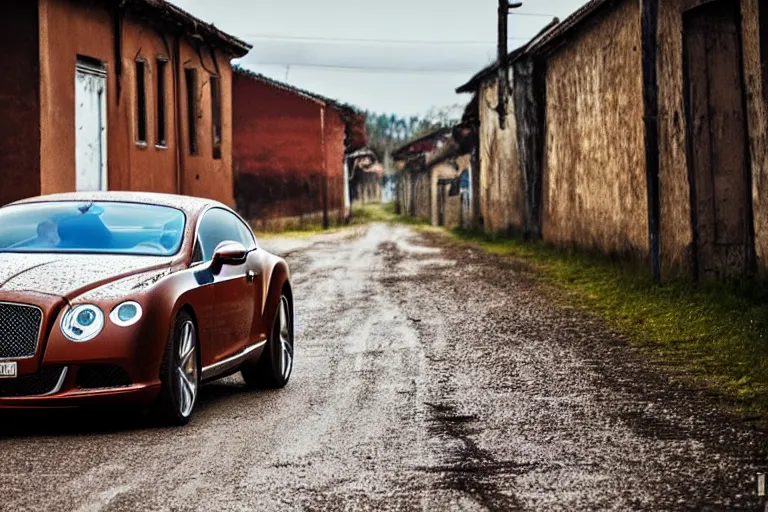 Image similar to modern rusty Bentley Continental GT without gloss no reflections drives along the road of an old Russian village with houses at the edges