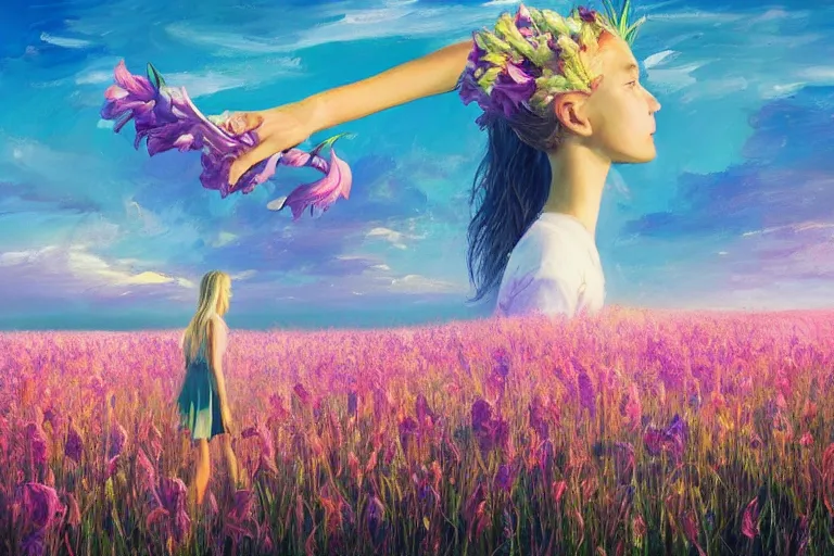 Image similar to giant gladiola head, girl walking in field of flowers, surreal photography, sunrise, blue sky, dramatic light, impressionist painting, digital painting, artstation, simon stalenhag