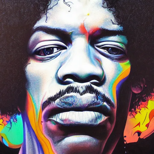 Image similar to An extremely psychedelic portrait of Jimi Hendrix, surreal, LSD, face, detailed, intricate, elegant, lithe, highly detailed, digital painting, artstation, concept art, smooth, sharp focus, illustration