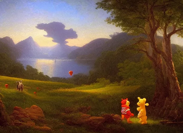 Prompt: american realist romanticism landscape painting of winnie the pooh characters at night, night time, colorful paper lanterns, in the style of hudson river school and thomas cole and albert bierstadt and robert duncanson