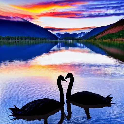 Image similar to photo of two black swans touching heads in a beautiful reflective mountain lake, a colorful hot air balloon is flying above the swans, hot air balloon, intricate, 8k highly professionally detailed, HDR, CGsociety