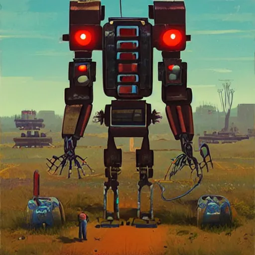 Prompt: aztec walker robot, simon stalenhag