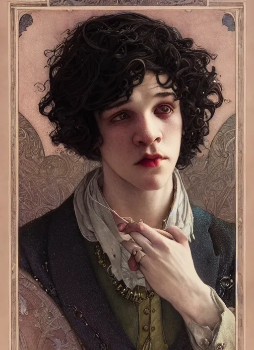 Image similar to edmund dulac, leyendecker, highly detailed portrait, a beautiful androgynous kit harrington, long hair, tall and thin, wearing several pendants, art nouveau, stephen bliss, unreal engine, by greg rutkowski, loish, ferdinand knab, ilya kuvshinov, rossdraws, tom bagshaw, alphonse mucha, global illumination, radiant light