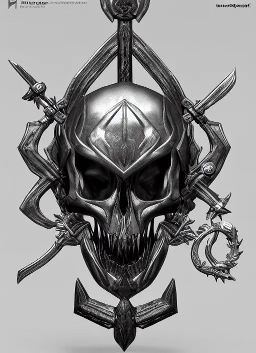 Image similar to a black and silver sword skull crest, orthographic, ornament, weapon, a 2 d render by dom qwek, front side, concept art, trending on polycount, artstation, hard surface modeling, rendered in maya, zbrush, hd, vray, blizzard, symmetry