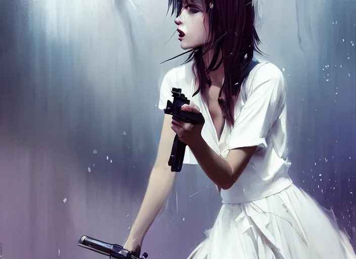 Prompt: white dress girl chasing from crazy grim reaper, holding a gun, messy hair, messy lines, scared face, beautiful and aesthetic and attractive and detailed face, dramatic situation, specular reflection, occlusion shadow, intricate, bokeh, box offic hit, masterpiece, by ilya kuvshinov and jeremy lipking and quentin mabille