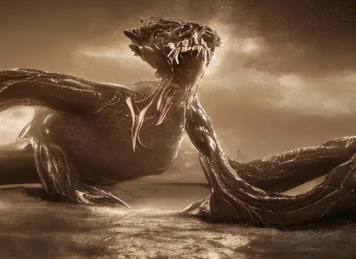 Image similar to a stunning cinematic extreme wide shot of an adorable confused slick sleek smooth humanoid sea monster wearing clothes made of seaweed on a dark stormy beach, well designed perfect with huge luminous sad eyes, sharp claws, cgsociety, hd octane render, fantasy, furry art, artstation, deviantart, furaffinity, very very clean, super clean, thunderclouds