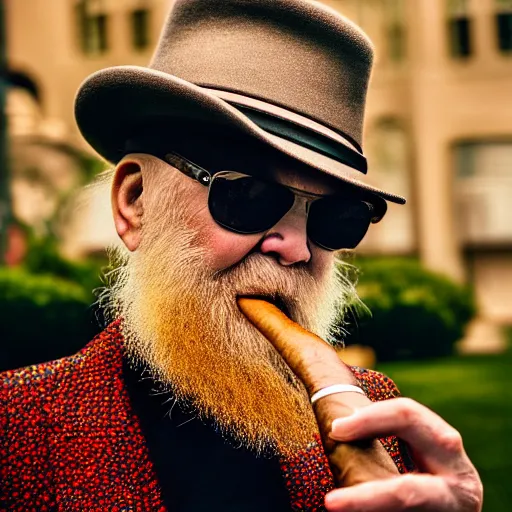 Image similar to billy gibbons smoking a cigar, ( sony a 7 r iv, symmetric balance, polarizing filter, photolab, lightroom, 4 k, dolby vision, photography awardm, voque, perfect face )