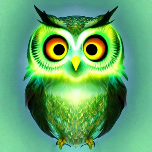 Image similar to wise owl with glowing disney eyes, realistic high detailed scales octane render, portrait, face symmetry, centered, anime style, disney character style green enlightened background