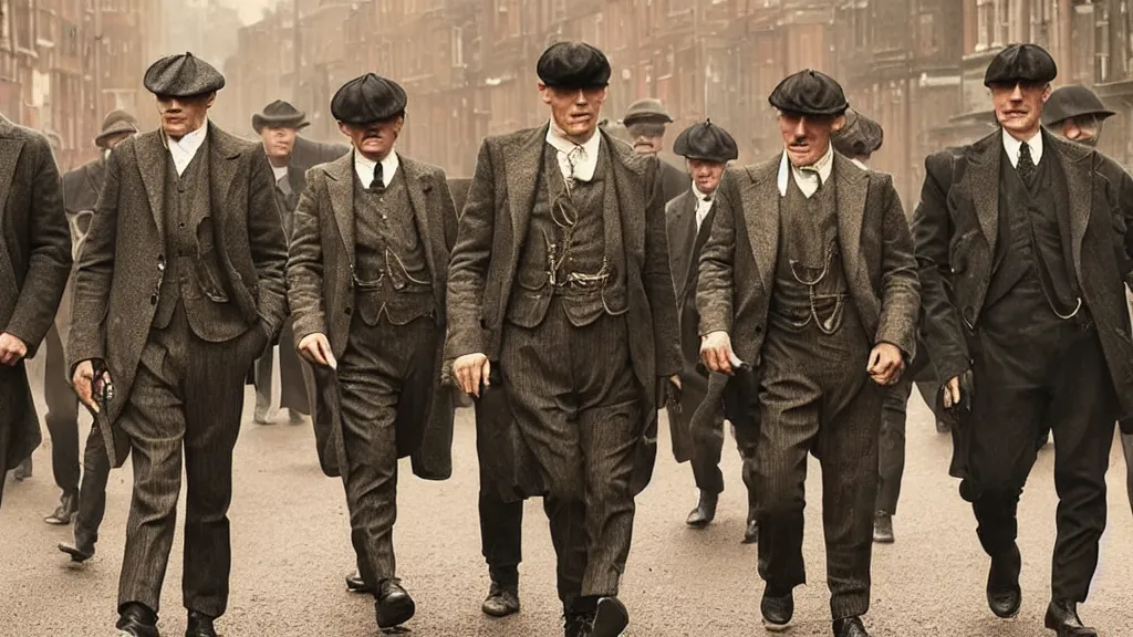 Image similar to a group peanut mans dressed like the peaky blinders