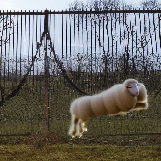 Image similar to Electric Sheep, leaping over a fence.