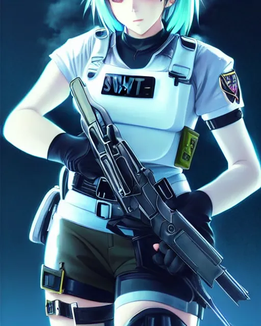 Image similar to 2 b, anime key visual of a young female swat officer, neon, cyberpunk, futuristic, white outfit, black swat vest, swat helmet, holding pdw, stunning, highly detailed, digital painting, smooth, soft focus, illustration, poster, japanese typography, digital art from artstation by artgerm and greg rutkowski and alphonse mucha