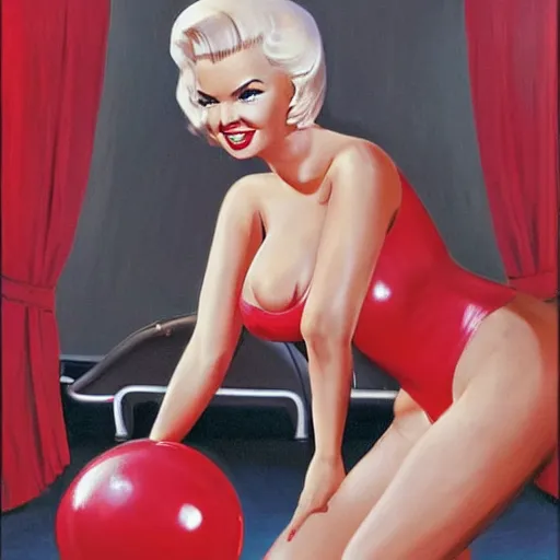 Prompt: jayne mansfield in a bowling alley with a perspective view of bowling pins at the end of the lane, jayne mansfield about to roll a large red bowling ball down a bowling land towards bowling pins, jayne mansfield holding a large red bowling ball in a provocative pose, by mort kunstler and mort drucker