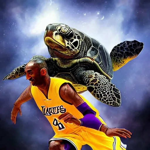 Image similar to kobe bryant riding on a turtle in heaven, amazing digital art, amazing detail, fantasy art, artstatiom, cgsociety, epic art