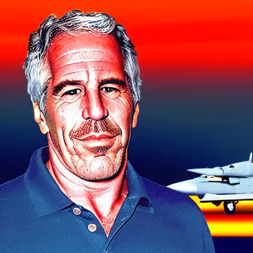 Prompt: aesthetic illustration of jeffrey epstein, wearing a dark blue polo shirt, standing near fighter jet on an empty runway at dusk, high detail, volumetric lights, award winning photo