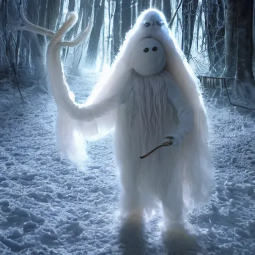 Image similar to a peaceful fluffy humanoid ethereal ghostly live action muppet wraith like alien figure with a squid shaped parasite overtaking its head with four long tentacles for arms that flow gracefully at its sides while it floats around the frozen woods searching for lost souls and that hide in the shadows in the trees, this character can control the ice and snow and has mastery of the shadows and electrokinesis, it is a real muppet by sesame street, photo realistic, real, realistic, felt, stopmotion, photography, sesame street