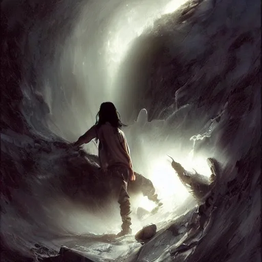 Image similar to a latino 1 5 year old boy with long black hair opens a dark portal to the void. dramatic. cinematic. detailed. sharp. photo realistic. realism. repin. phil hale. krenz cushart