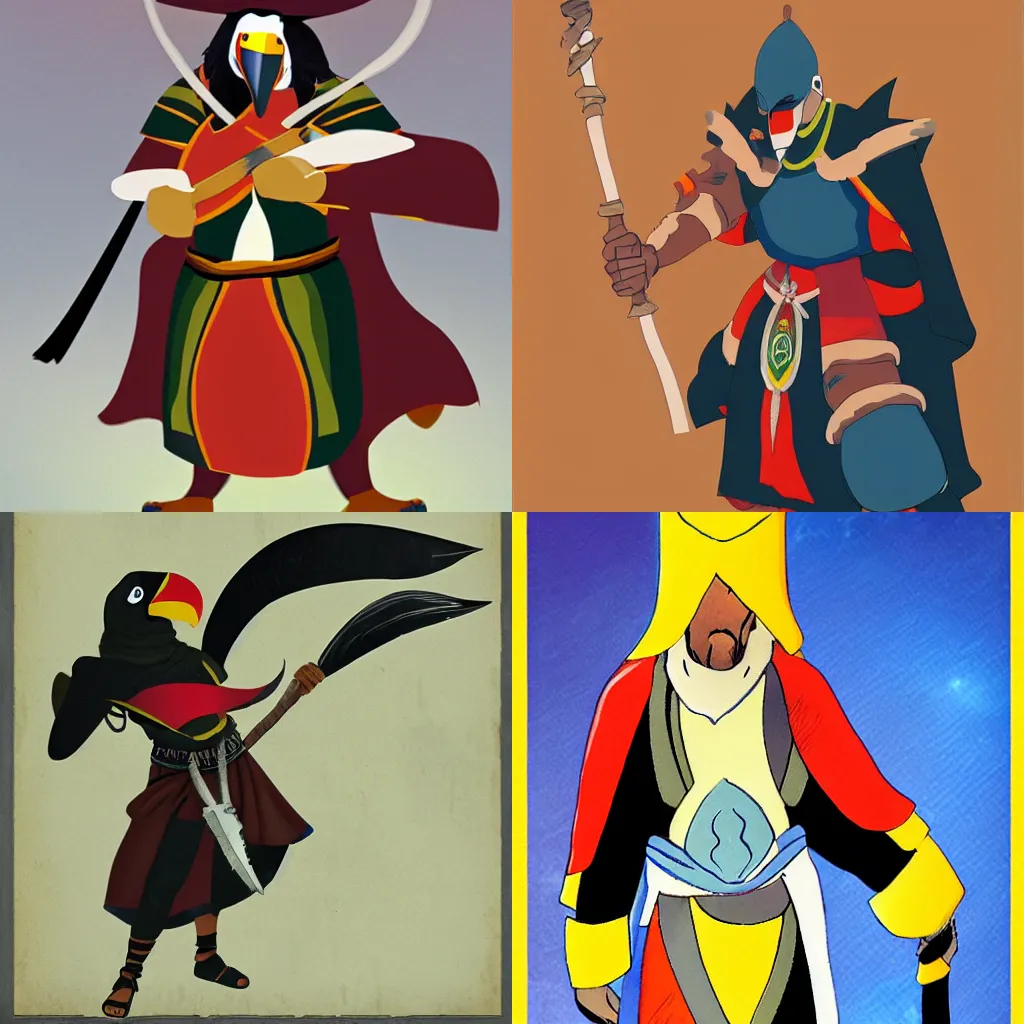 Prompt: a toucan warrior monk, style of arcane tv series