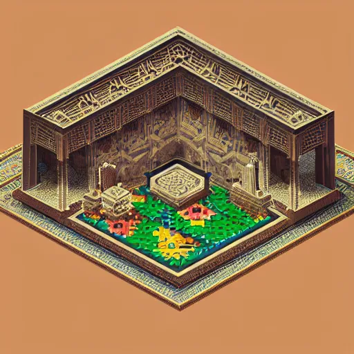 Prompt: vector illustration isometric voxel art persian house architecture, persian rugs, persian windows, arch doors, jungle leaf, golden details, crystal, 3 d, magicavoxel, c 4 d, octane render, art by madmaraca, makoto shinkai, hiroshi yoshida