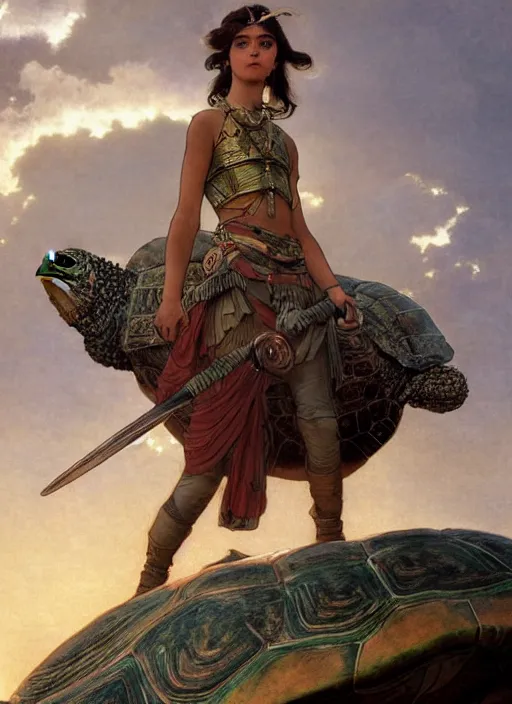 Prompt: a little warrior girl standing on top of one giant turtle in the desert. the girl has dark skin and beautiful green eyes, realistic full body and a very beautiful detailed symmetrical face with long black hair. diffuse light, dramatic sky and landscape, long shot fantasy illustration by mucha