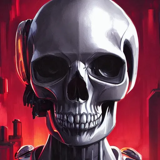 Image similar to skull - headed robot cyborg painting, illutstration, concept art, cyberpunk, futurism, comics art, artgerm, full body shot, wide angle