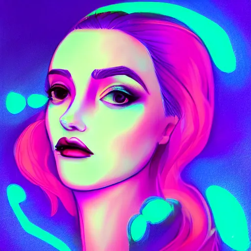 Image similar to portrait of a woman inspired by lois van baarle, iridescent, holographic, neon, glowing, self confidence, light make up