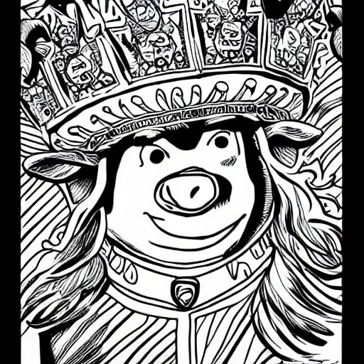 Prompt: detailed lineart comic book drawing of pig wearing a gold crown in the style of jim lee