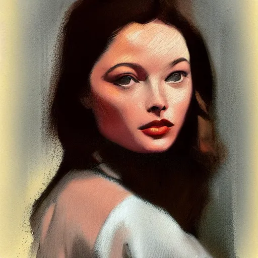 Image similar to Edgar Degas painting of a young beautiful Gene Tierney color studio publicity photo , tight face shot portrait, highly detailed, digital painting, artstation, concept art, illustration, art ,