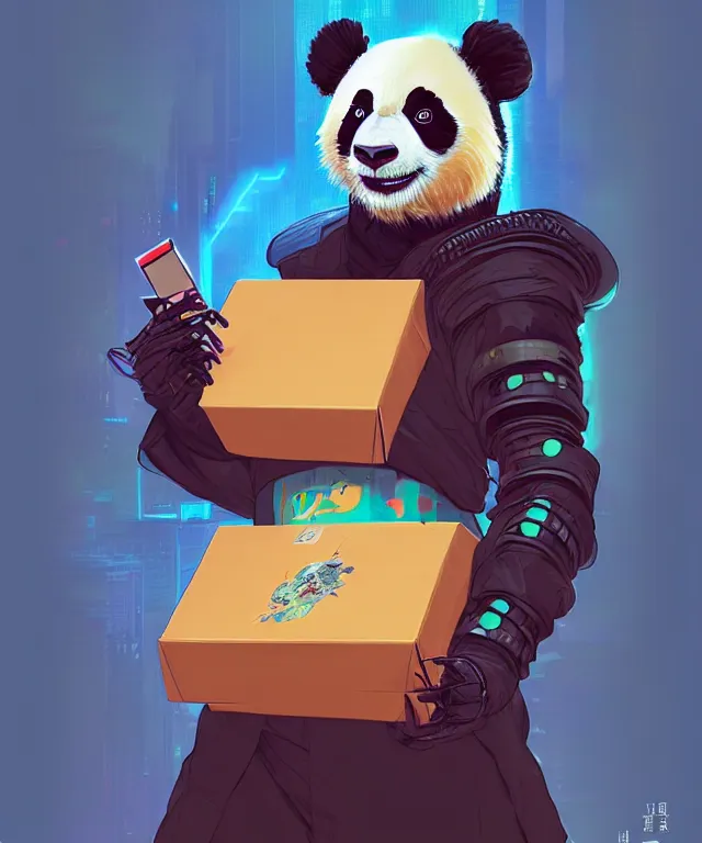 Prompt: a portrait of a cyberpunk panda holding a chinese takeout box, fantasy, elegant, digital painting, artstation, concept art, matte, sharp focus, illustration, art by josan gonzalez