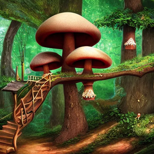 Prompt: Mushroom treehouse village, fairy, magical, mystical, realistic, 4k