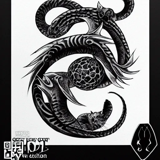 Prompt: one cat biting it's tail, Ouroboros, circle 0f life, tattoo design, designed by Iain McCaig