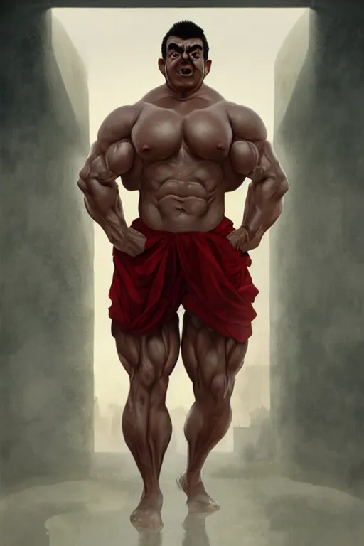 Image similar to upper body portrait of a hulking bulky swole steroids musclebound huge bodybuilder muscular herculean chiseled mr bean rowan atkinson, cinematic lighting, photorealistic, octane render, 8 k, depth of field, 3 d, art by artgerm and greg rutkowski and alphonse mucha and uang guangjian and gil elvgren and sachin ten