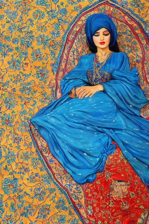 Image similar to gorgeous iranian girl waer detailed golden blue dress lay down on a detailed persian carpet a big tree palm persian pot, oil painting