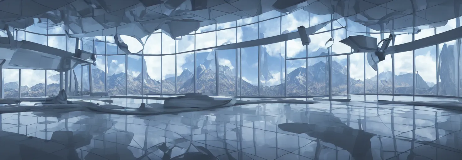 Prompt: Simplistic 3D Rendering of a Futuristic hall with tall windows overlooking a scifi city and mountains. a big planet in the sky, photorealistic, white and blue