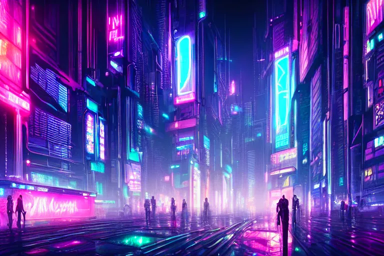 Image similar to painting of a modern cyberpunk city, neon lights, fine details, magali villeneuve, artgerm, rutkowski