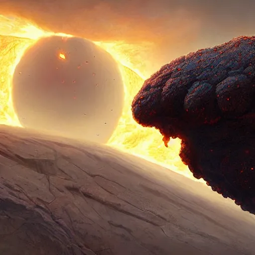 Image similar to A digital painting of a meteorite made of an insect hive burning up in the atmosphere, Wayne Barlowe Greg Rutkowski Jessica Rossier