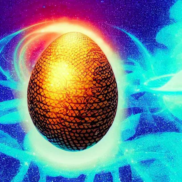 Image similar to a cosmic egg breaking open with a great serpent rising out, occult aesthetics alchemy, award winning art, chromatic aberration polychromatic colors