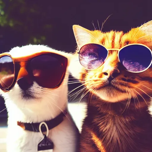 Prompt: a photo of brown cat and a cute puppy with sunglasses posing for selfie